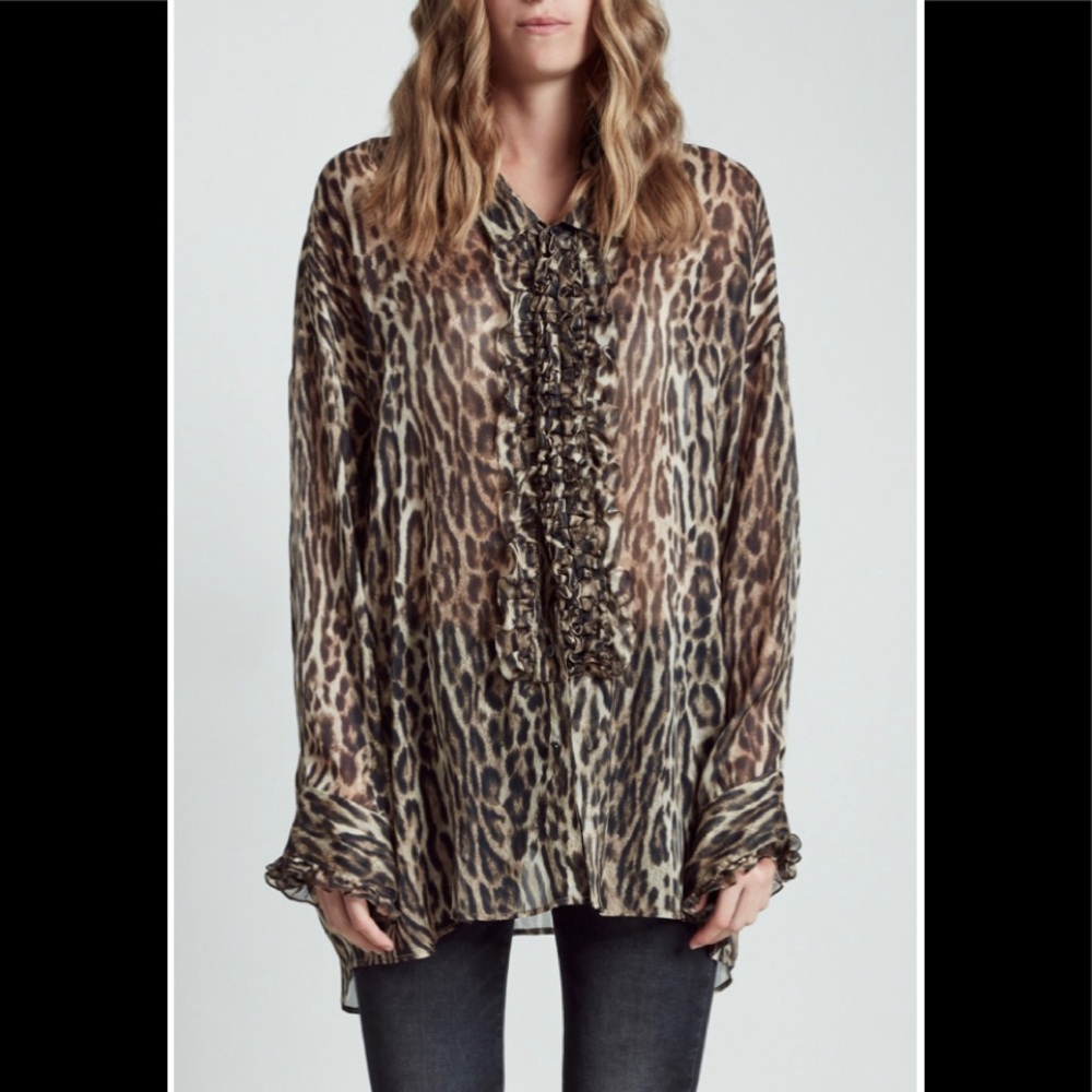 R13 Ruffled Leopard Silk Tuxedo Shirt. Incredibly oversized! Medium